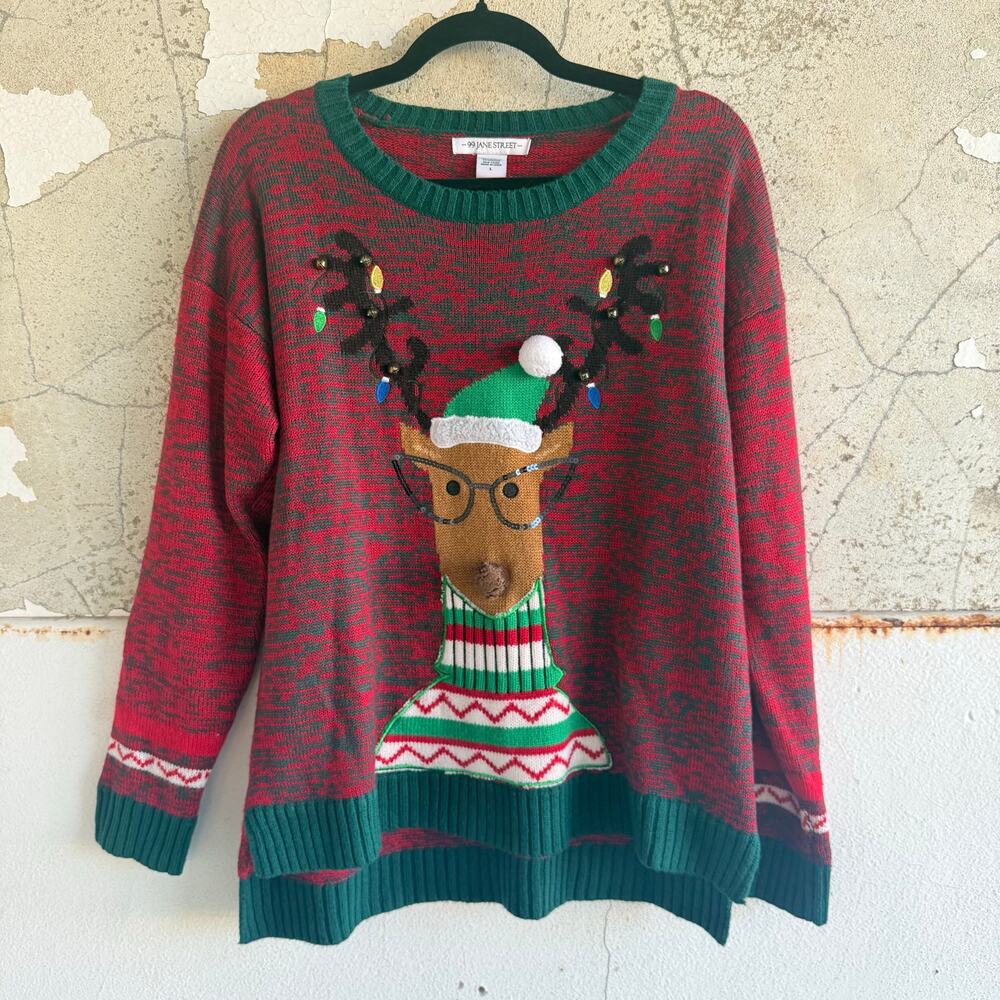 Ugly Christmas Sweater Reindeer Holiday Lights Pullover Red Green Womens L Party